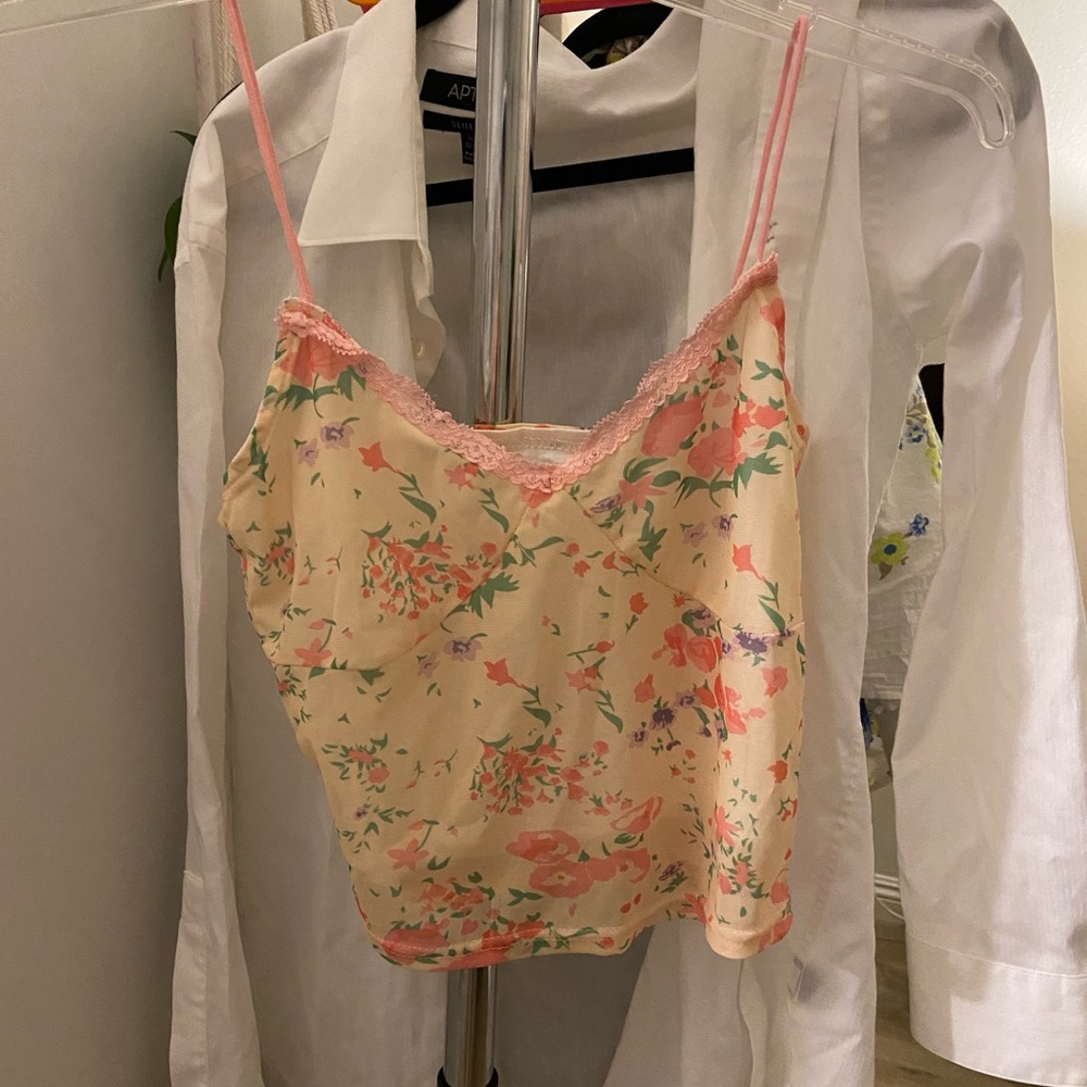 Yellow and pink spaghetti straps with lace trim